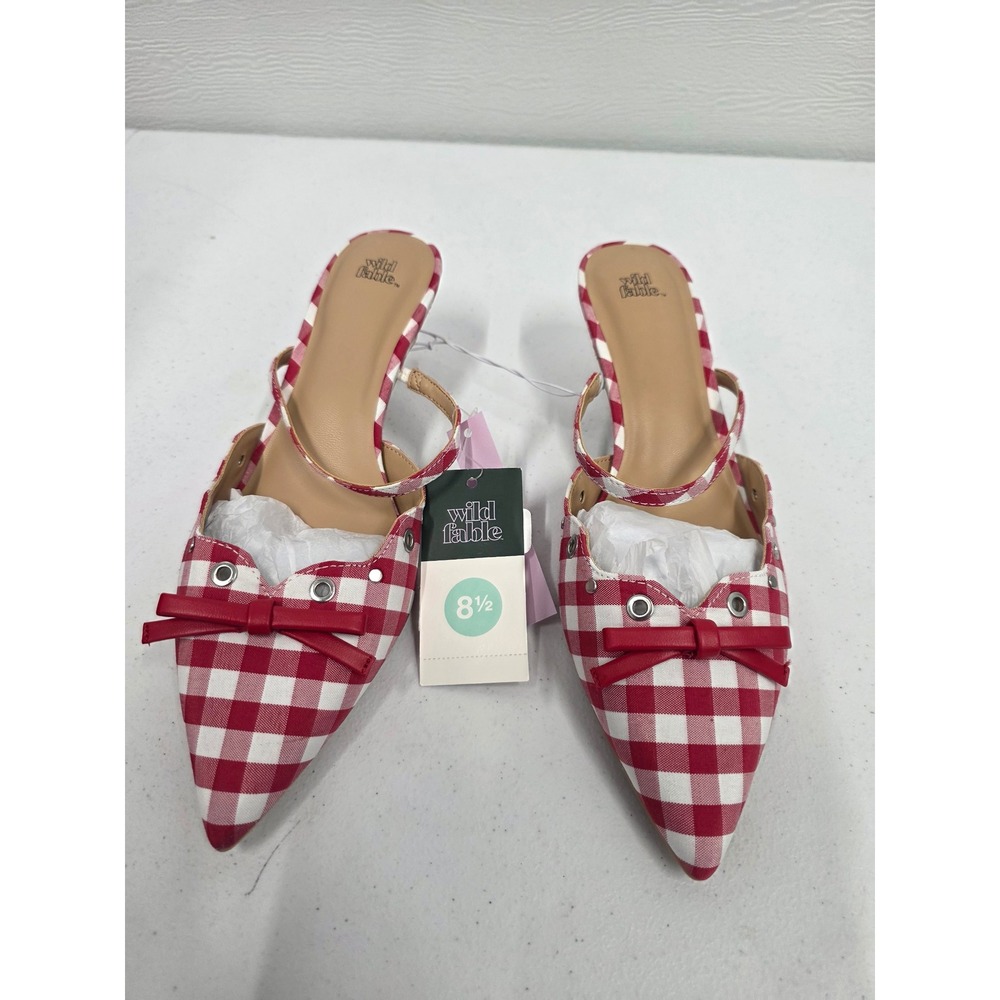 Wild Fable Lysandra Red White Gingham Kitten Heel Mules Bow Pointed Toe 8.5 NEW